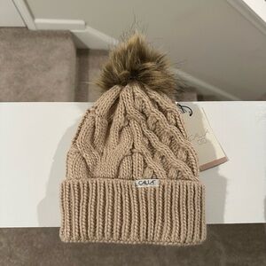 CALIA Beige Beanie with faux fur pompom and inner fleece MSRP $30